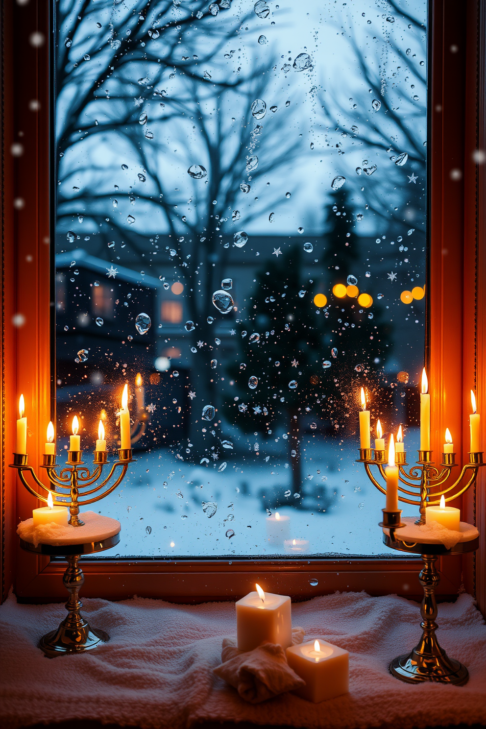 A cozy winter scene with gently falling snowflakes outside a window adorned with beautiful menorahs. The warm glow of the candles reflects off the glass, creating a festive atmosphere filled with holiday cheer.