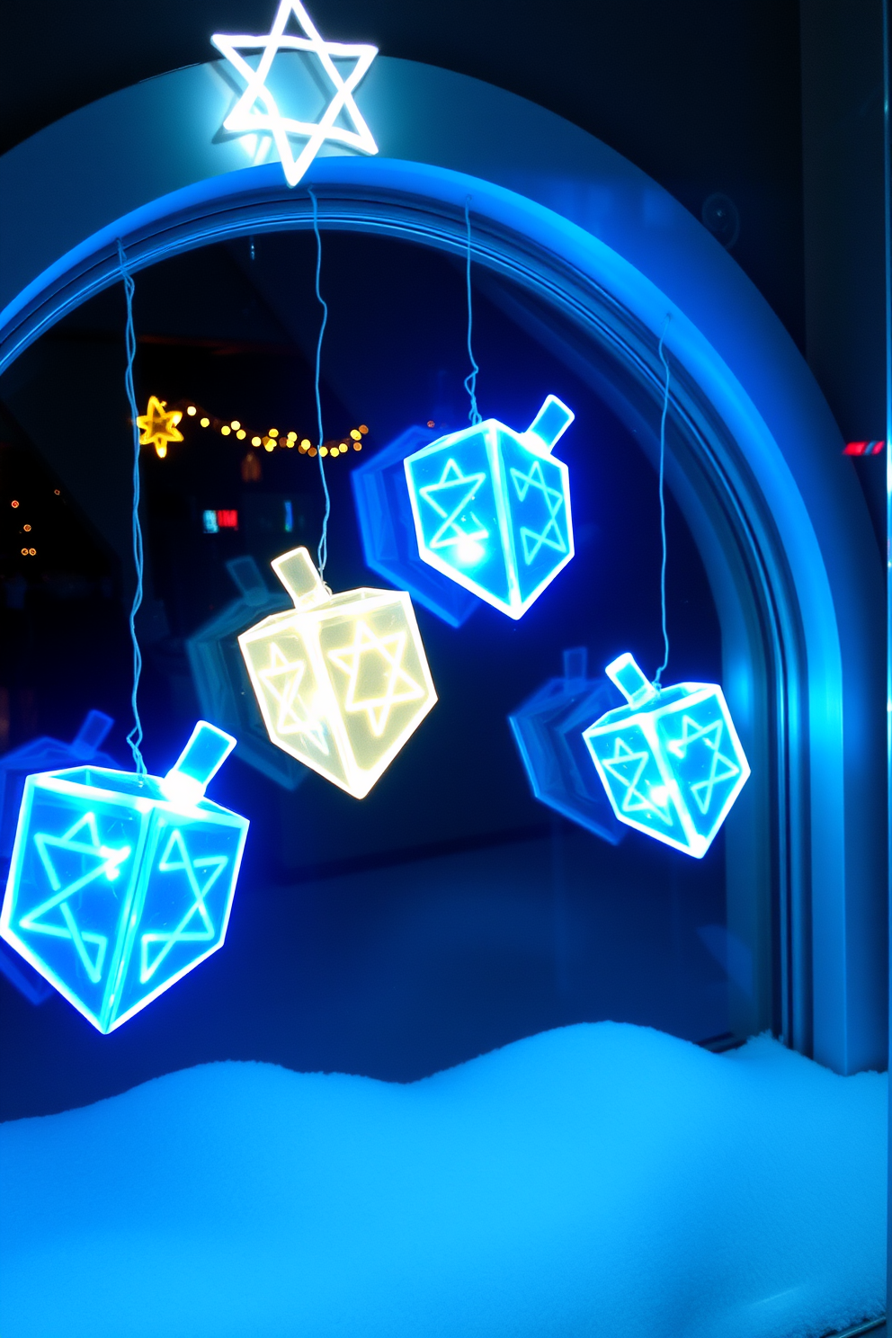 Light-up dreidels create a warm and inviting atmosphere during the Hanukkah celebrations. Adorn your windows with these charming decorations to enhance the festive spirit and delight passersby.