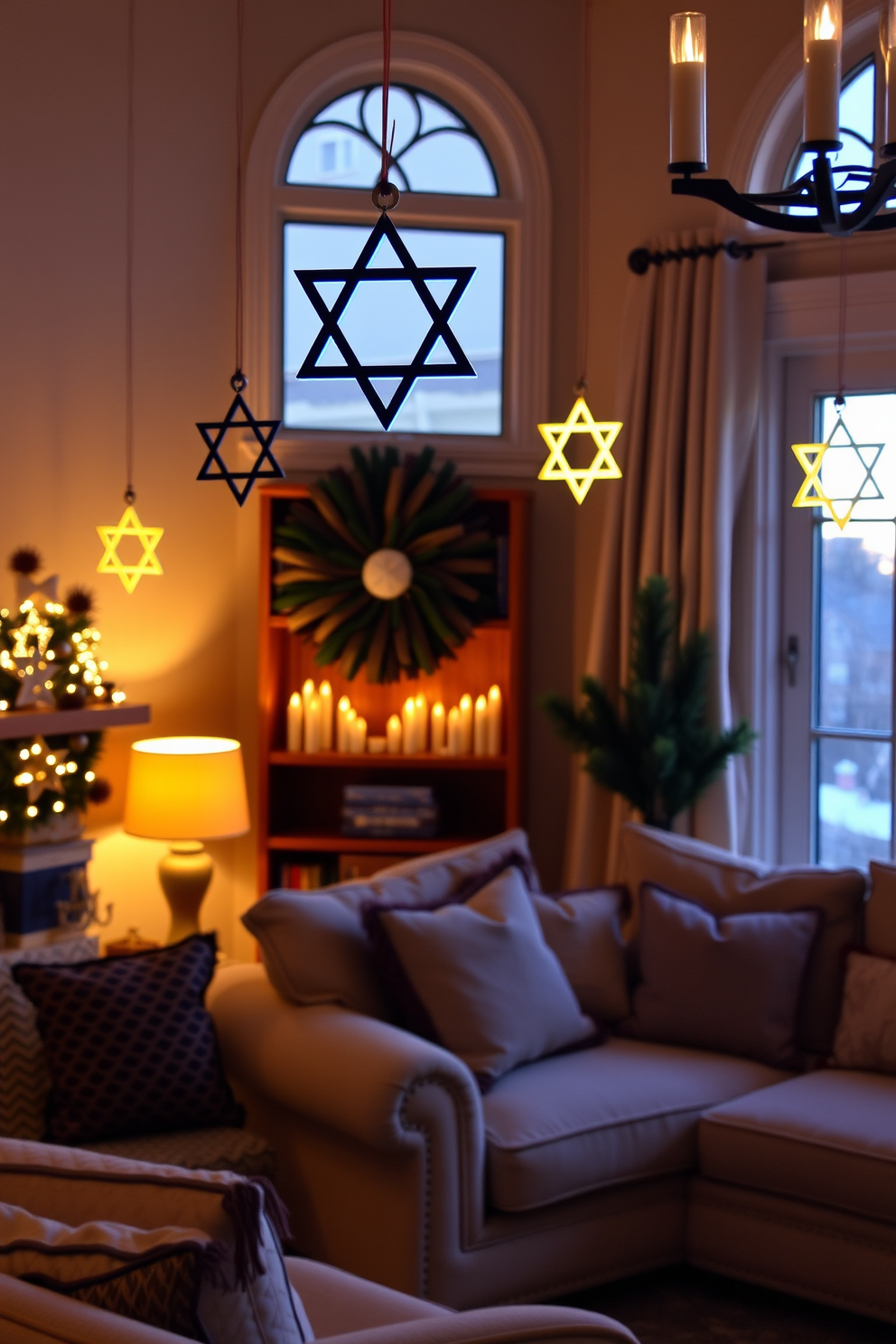 A cozy living room adorned with hanging star of David ornaments in the windows. Soft, warm lighting creates an inviting atmosphere, complemented by festive decorations that celebrate the spirit of Hanukkah.