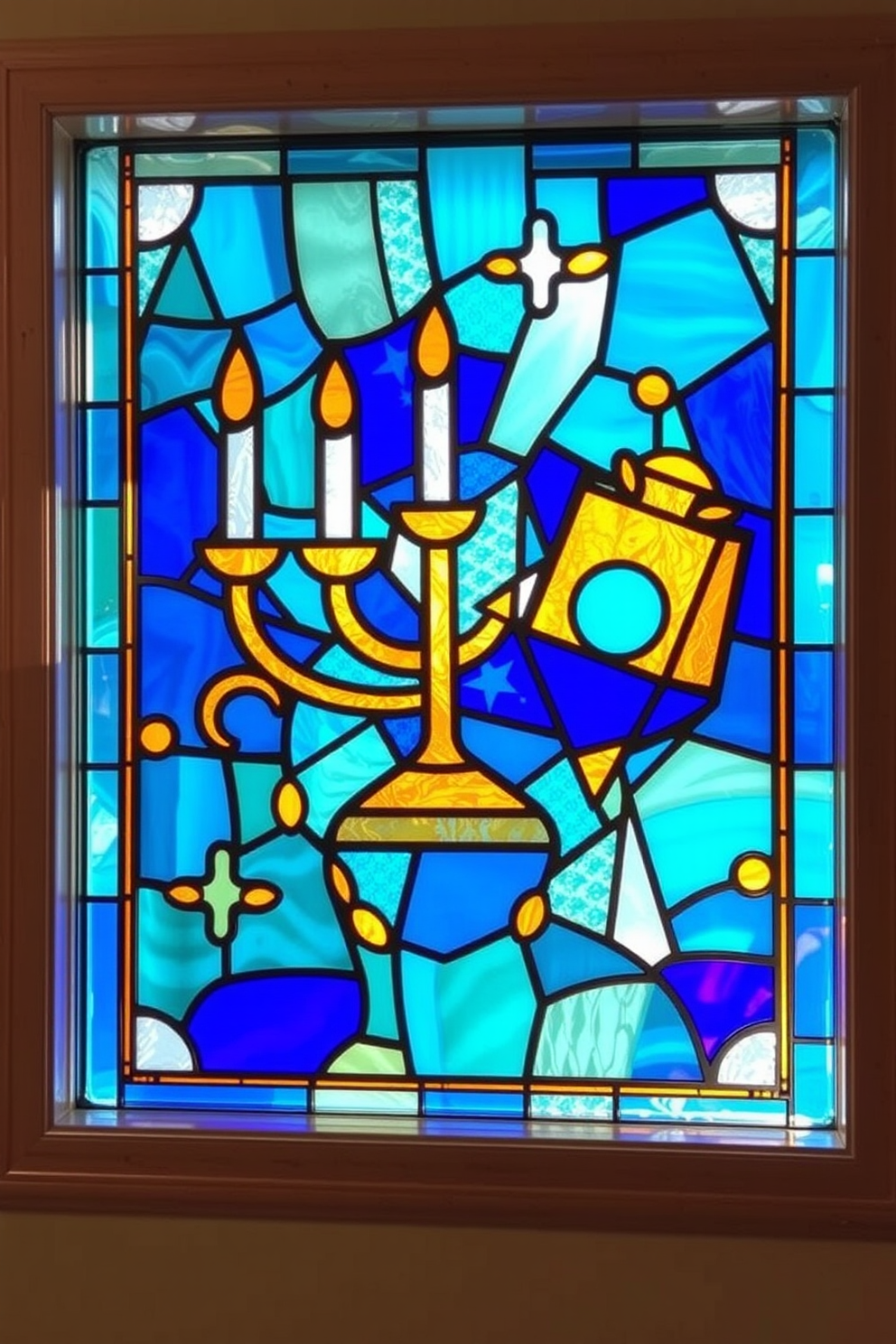 A vibrant DIY stained glass window art piece for Hanukkah. The design features traditional symbols like the menorah and dreidel, using rich blues, golds, and whites to create a festive atmosphere. The window art is framed with a simple wooden border to enhance its beauty. Soft light filters through the stained glass, casting colorful reflections on the surrounding walls, creating a warm and inviting space for celebration.