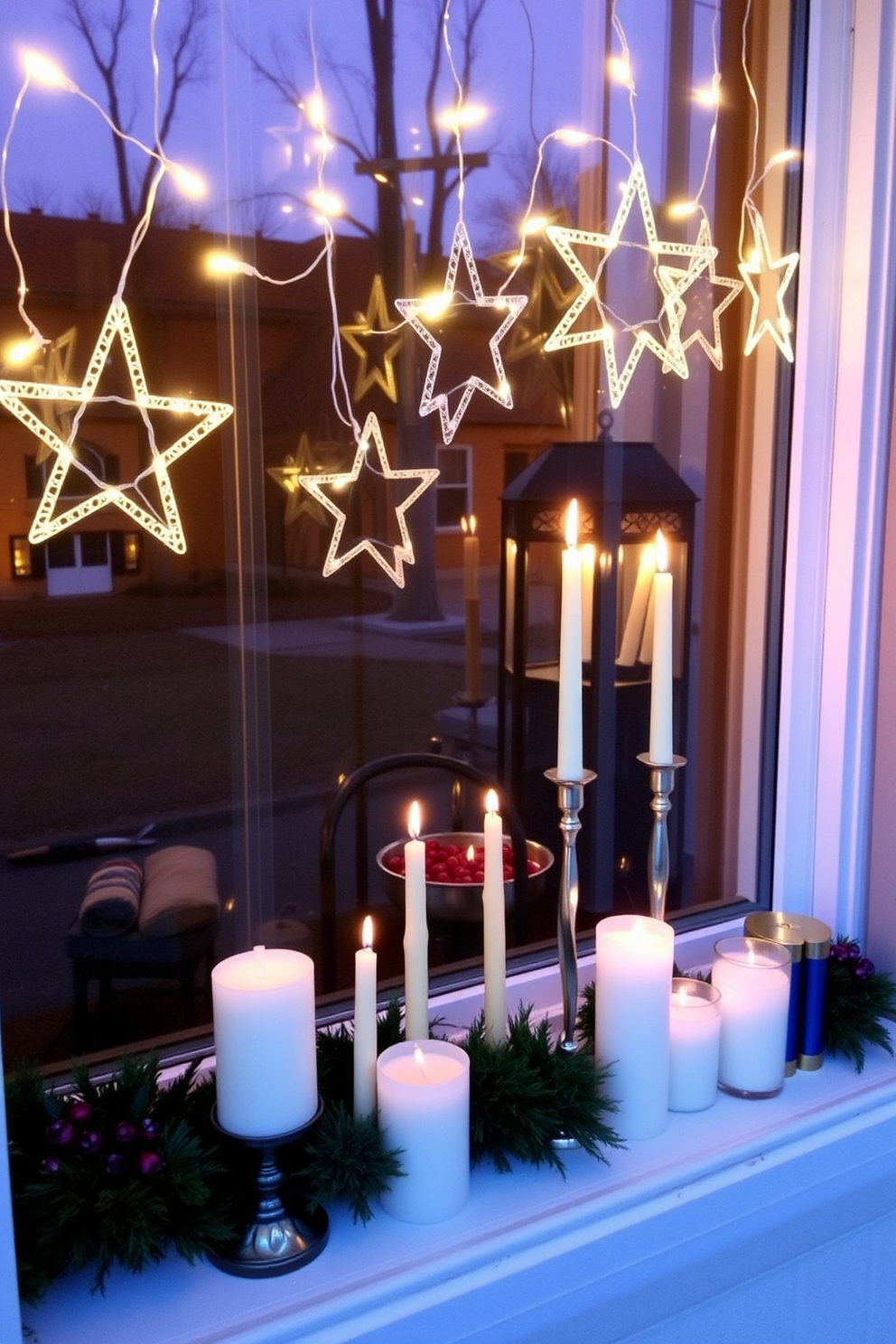 Create a cozy Hanukkah window display featuring string lights shaped like stars. Incorporate an array of candles in various heights and styles, arranged artfully on the windowsill.