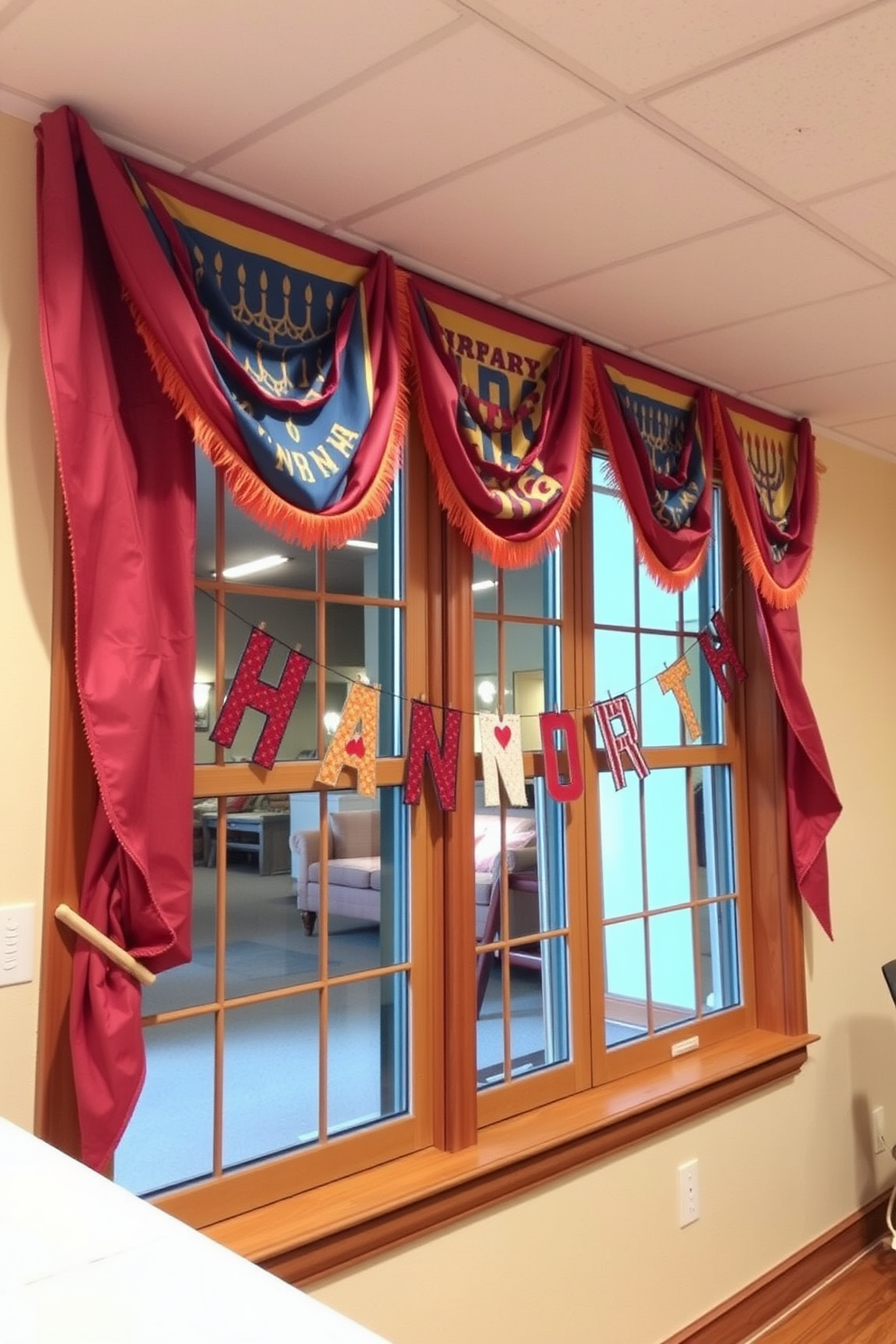 Festive fabric banners draped across windows create a warm and inviting atmosphere. The vibrant colors and patterns add a joyful touch to the Hanukkah celebration in the room.