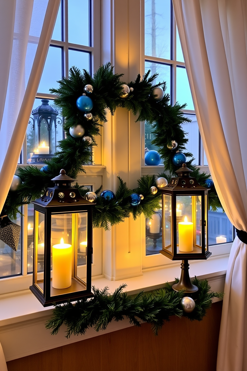 Decorative lanterns with candles are placed in the windows, casting a warm and inviting glow throughout the room. These lanterns create a festive atmosphere, enhancing the beauty of the Hanukkah decorations. The windows are adorned with elegant garlands of greenery, interspersed with blue and silver ornaments. Soft fabric drapes frame the windows, adding a touch of sophistication to the holiday decor.