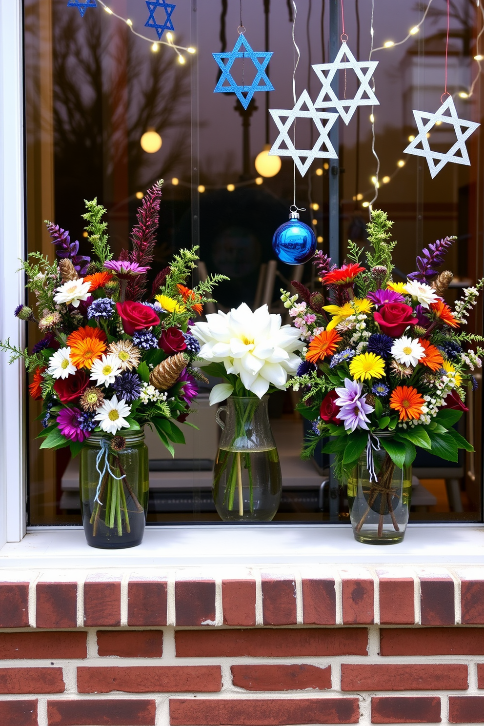 Seasonal floral arrangements in window vases. Each vase features a mix of vibrant flowers that reflect the colors of the season, creating a welcoming atmosphere. Window Hanukkah decorating ideas. Adorn the window with blue and silver accents, including star of David ornaments and string lights to enhance the festive spirit.