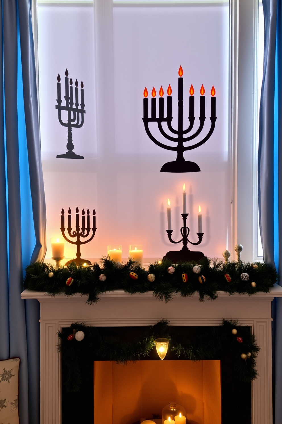 A cozy living room adorned with window silhouettes of menorahs and candles. The warm glow of the candles casts playful shadows on the walls, creating a festive atmosphere. Soft blue curtains frame the windows, allowing natural light to filter through while enhancing the holiday spirit. A beautifully decorated mantelpiece features holiday garlands and a collection of decorative dreidels.