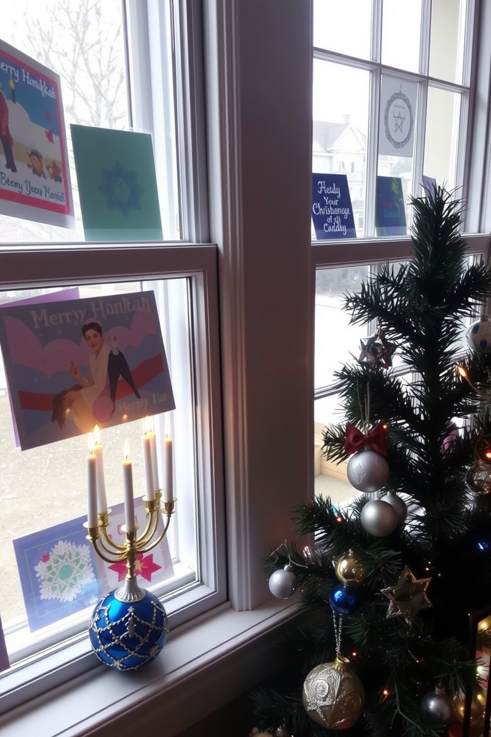 Charming holiday cards displayed in windows create a warm and inviting atmosphere. The cards feature festive designs and colors, beautifully arranged to catch the light and spread cheer. For Hanukkah decorating ideas, consider using blue and silver accents to complement the traditional menorah. Add decorative dreidels and star of David ornaments to enhance the festive spirit throughout the space.