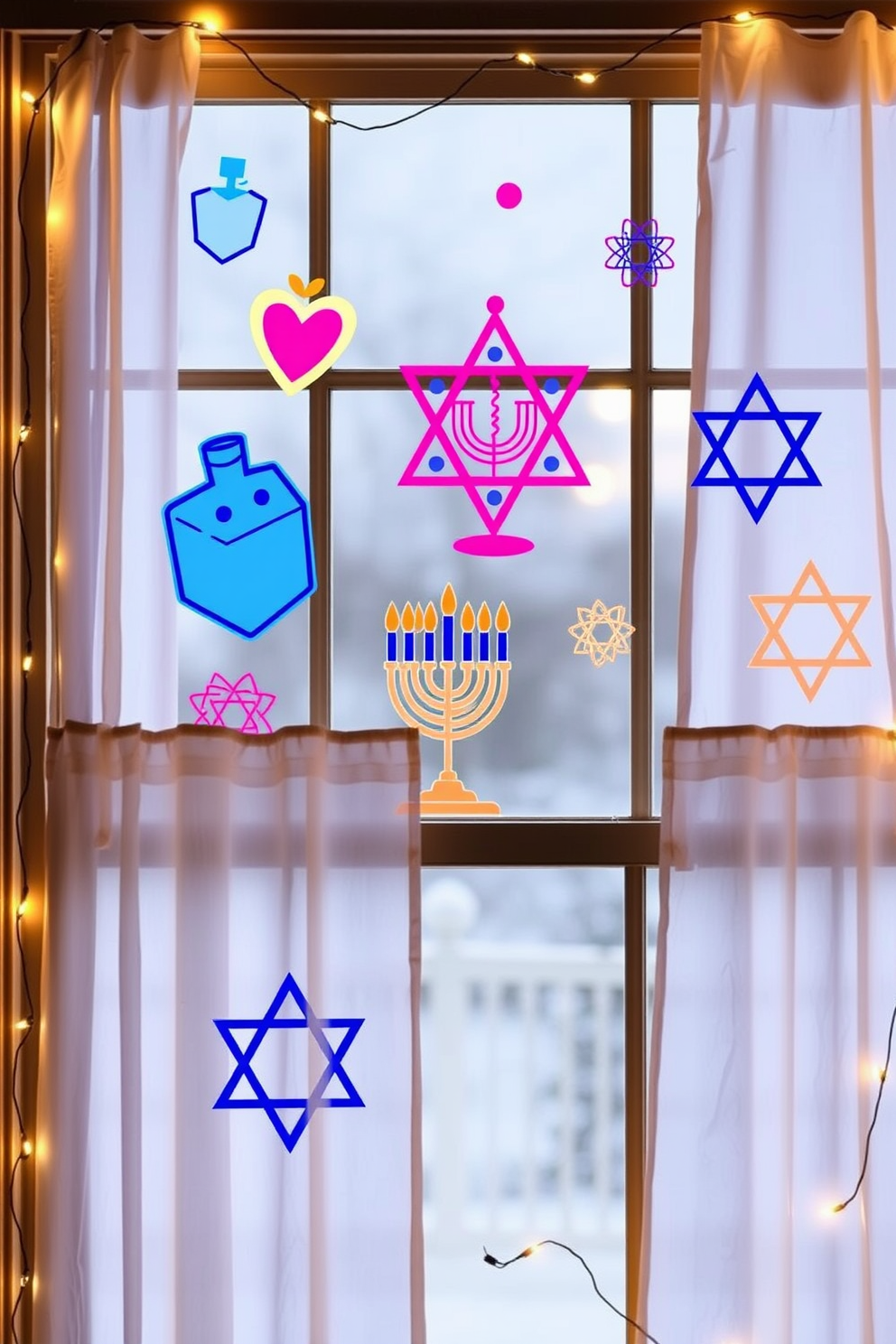 Whimsical Hanukkah-themed window clings create a festive atmosphere for the holiday season. The clings feature vibrant designs such as dreidels, menorahs, and stars of David, adding color and cheer to any window display. For window Hanukkah decorating ideas, consider layering the clings with soft, sheer curtains that allow light to filter through. Incorporate string lights around the window frame to enhance the festive look and create a warm glow during the evenings.