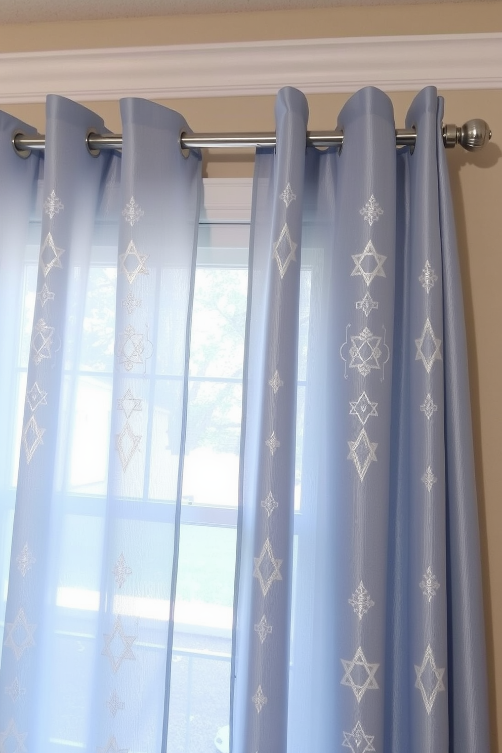 Elegant sheer curtains with silver embroidery drape gracefully from a polished curtain rod. The soft fabric allows natural light to filter in while adding a touch of sophistication to the room. For Hanukkah decorating ideas, consider incorporating traditional blue and white color schemes with decorative accents. Use menorahs, dreidels, and star of David ornaments to create a festive atmosphere that honors the holiday spirit.