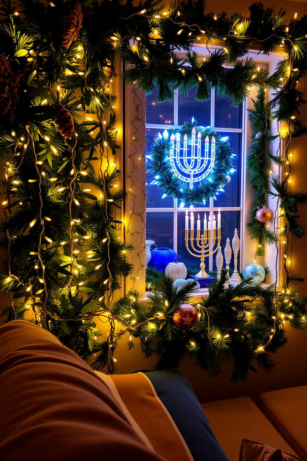 A cozy living space adorned with sparkling fairy lights intertwined with lush greenery. The warm glow of the lights creates an inviting atmosphere, perfect for celebrating the festive season. A beautifully decorated window showcases Hanukkah-themed elements, including a menorah and blue and silver accents. The combination of lights and greenery enhances the holiday spirit, making the space feel festive and welcoming.