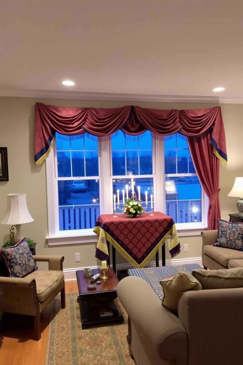 A cozy living room adorned with festive tablecloths draped elegantly over window ledges. The tablecloths are rich in colors and patterns, reflecting the warmth and joy of the Hanukkah season.