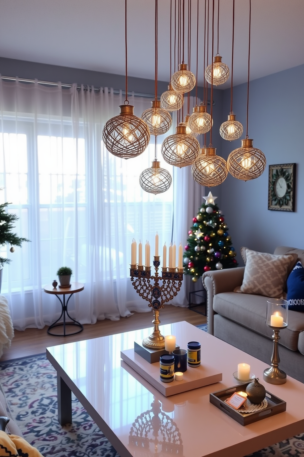 Create a cozy and inviting living room adorned with festive Hanukkah decorations. The room features a large window with sheer curtains that allow natural light to stream in, highlighting the shimmering hanging ornaments that reflect light beautifully throughout the space. Incorporate a beautifully decorated menorah on the coffee table, surrounded by candles and small decorative items. The walls are painted in soft blue tones, creating a serene backdrop for the vibrant colors of the ornaments and decorations.