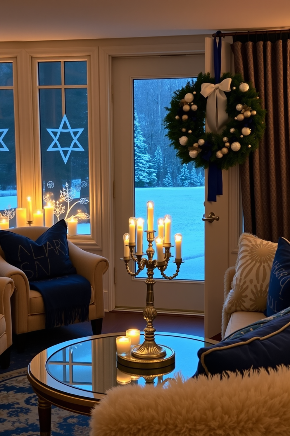 A cozy living room adorned with frosted window panes featuring elegant Hanukkah motifs. The soft glow of candles illuminates the space, complemented by a beautifully decorated menorah on the coffee table. Rich blue and silver accents enhance the festive atmosphere, with plush cushions and throws adding warmth to the seating area. A stunning holiday wreath hangs on the door, inviting guests to celebrate the season.