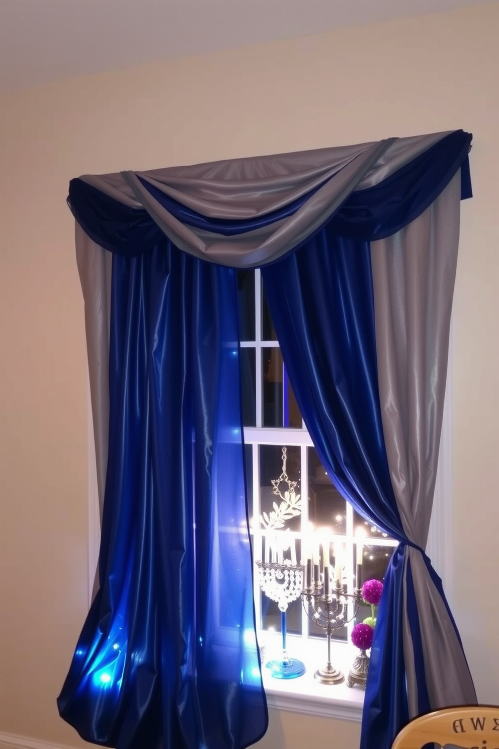 Festive blue and silver window drapes frame a beautifully decorated window, adding a touch of elegance to the room. The drapes cascade gracefully, complementing the soft glow of twinkling lights and Hanukkah decorations adorning the window sill.