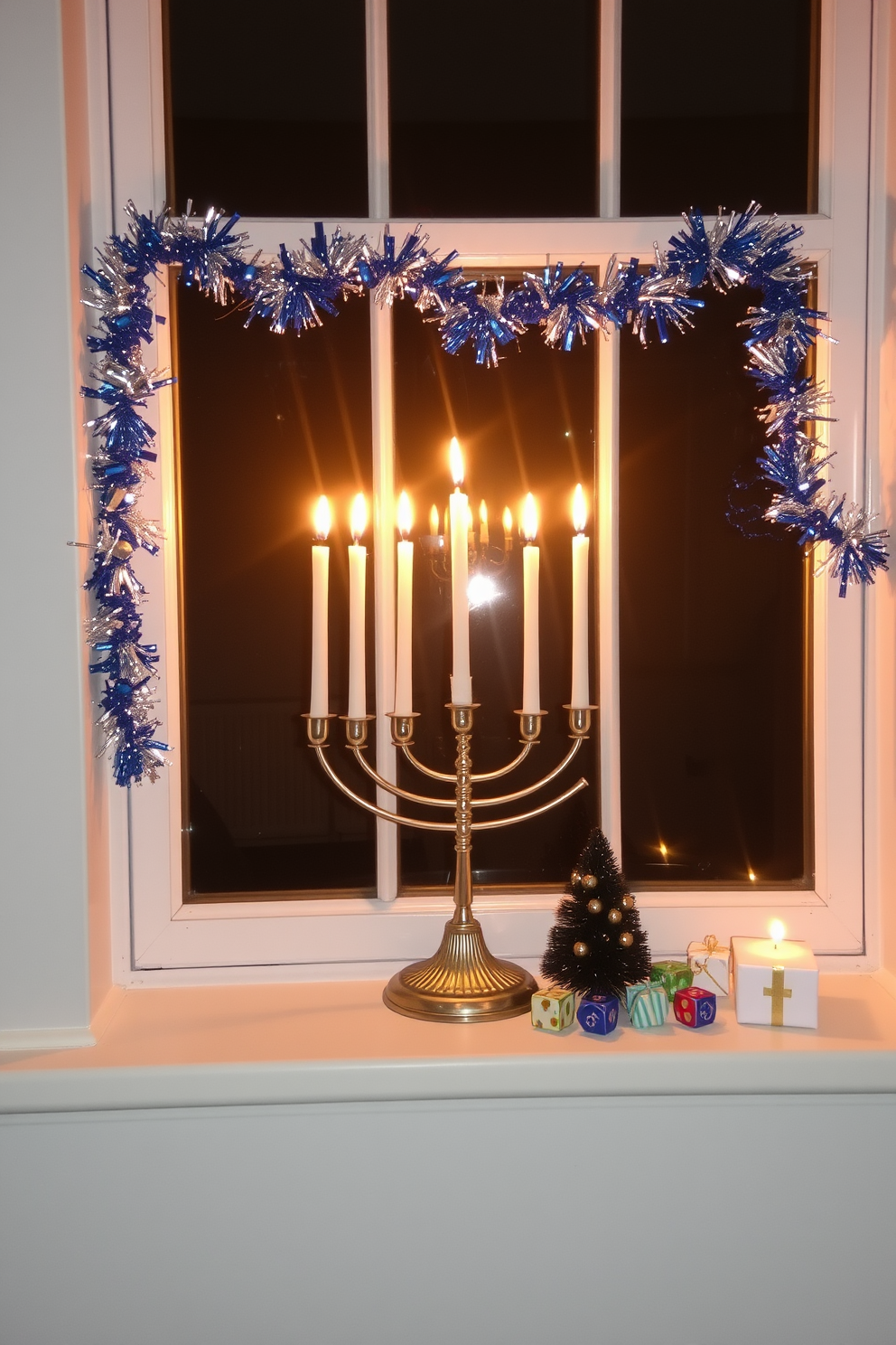 Illuminated menorah display on the window sill creates a warm and inviting atmosphere. The soft glow of the candles contrasts beautifully with the festive decorations surrounding them. Delicate garlands of blue and silver adorn the window frame, enhancing the Hanukkah spirit. A collection of dreidels and small gifts are artfully arranged nearby, adding to the celebratory decor.