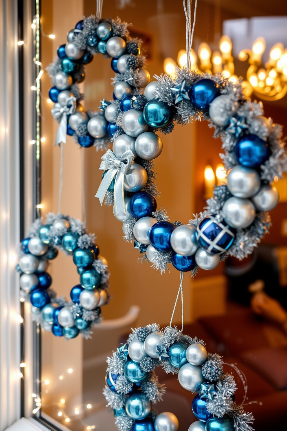 Create a festive window display for Hanukkah featuring wreaths made of blue and white ornaments. The wreaths should be adorned with shimmering silver accents and hung elegantly on the window, complemented by soft white fairy lights.