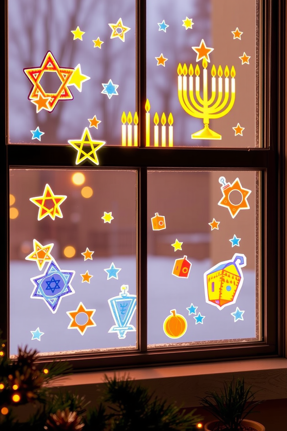 Create a cozy window display for Hanukkah featuring beautiful stickers that celebrate the holiday. The design includes stars, menorahs, and dreidels in vibrant colors, enhancing the festive atmosphere. Incorporate easy-to-apply window stickers that can be repositioned without damage. The overall look should evoke warmth and joy, inviting the spirit of Hanukkah into your home.