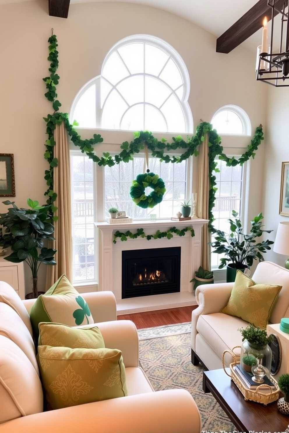 A charming living room adorned with shamrock garlands elegantly draped across the windows. The space features cozy green and gold accents, creating a festive atmosphere for St. Patrick's Day celebrations.