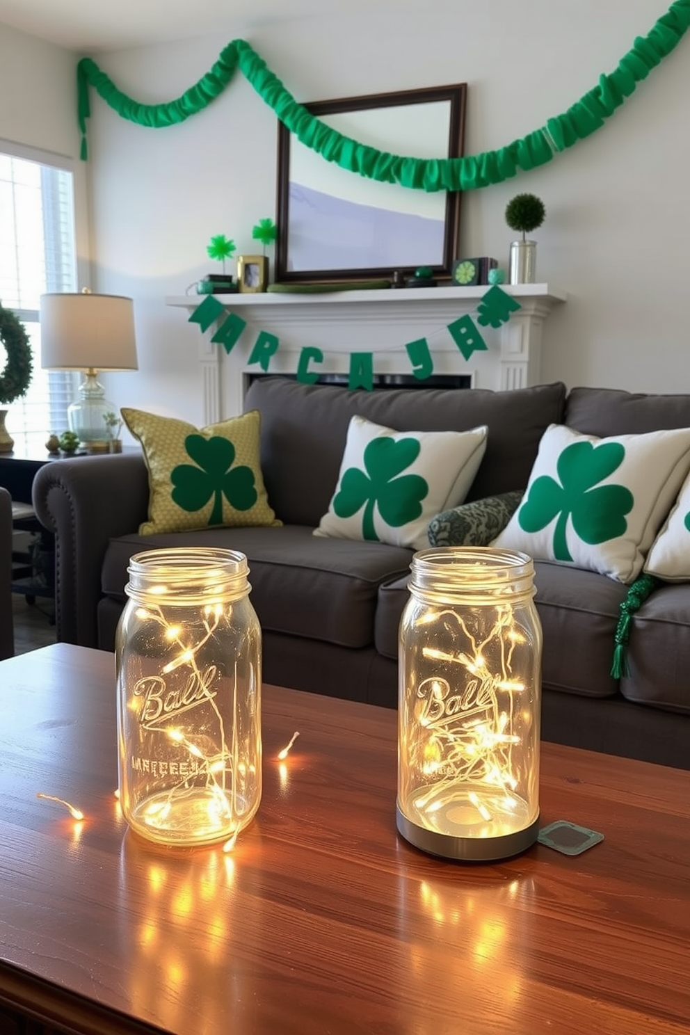 A cozy living room decorated for St. Patrick's Day. Mason jars filled with fairy lights are placed on the coffee table, creating a warm and inviting glow. Green and gold accents are scattered throughout the space, including shamrock-themed throw pillows on the sofa. A festive garland made of green fabric hangs above the mantel, adding a cheerful touch to the room.