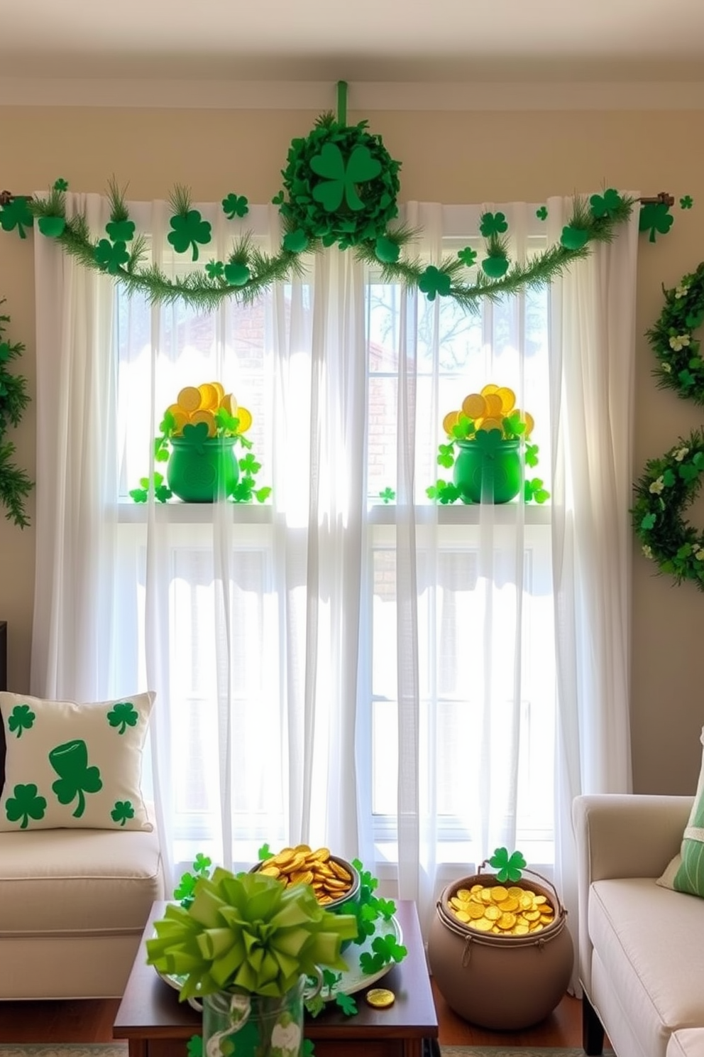 A cozy living room adorned with festive St. Patrick's Day decorations. On the ledges, there are pots of gold filled with chocolate coins and surrounded by green shamrocks. The window is draped with sheer white curtains that allow sunlight to filter through. Green and gold accents are added with garlands and wreaths to create a cheerful atmosphere.