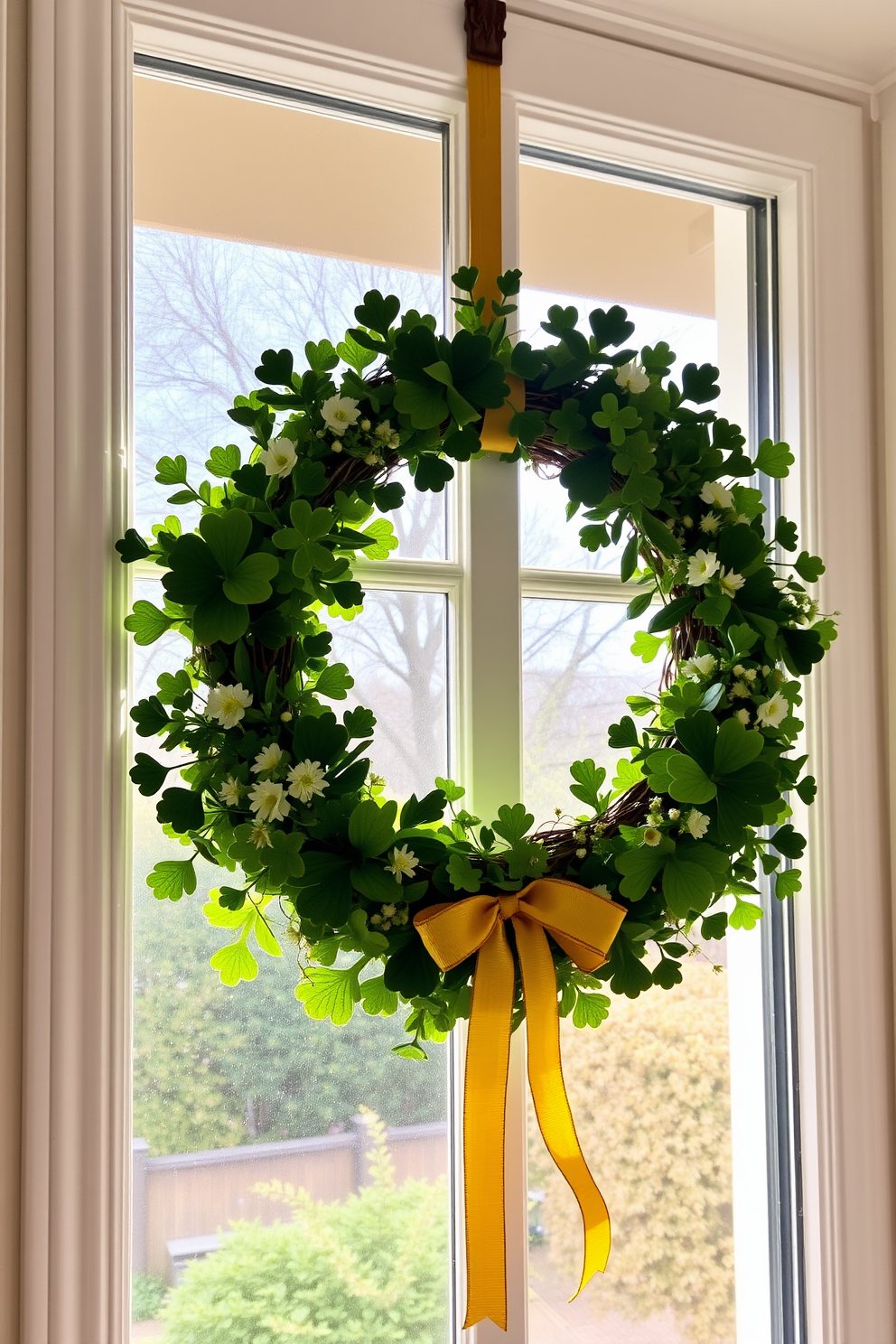 A charming St Patrick's Day wreath adorns a window, crafted from lush green foliage and vibrant shamrocks. The wreath is accented with delicate white flowers and a cheerful golden ribbon, creating a festive focal point for the home. The window frame is painted a crisp white, allowing the wreath to stand out beautifully. Sunlight filters through, casting a warm glow on the decorations, enhancing the spirit of the holiday.