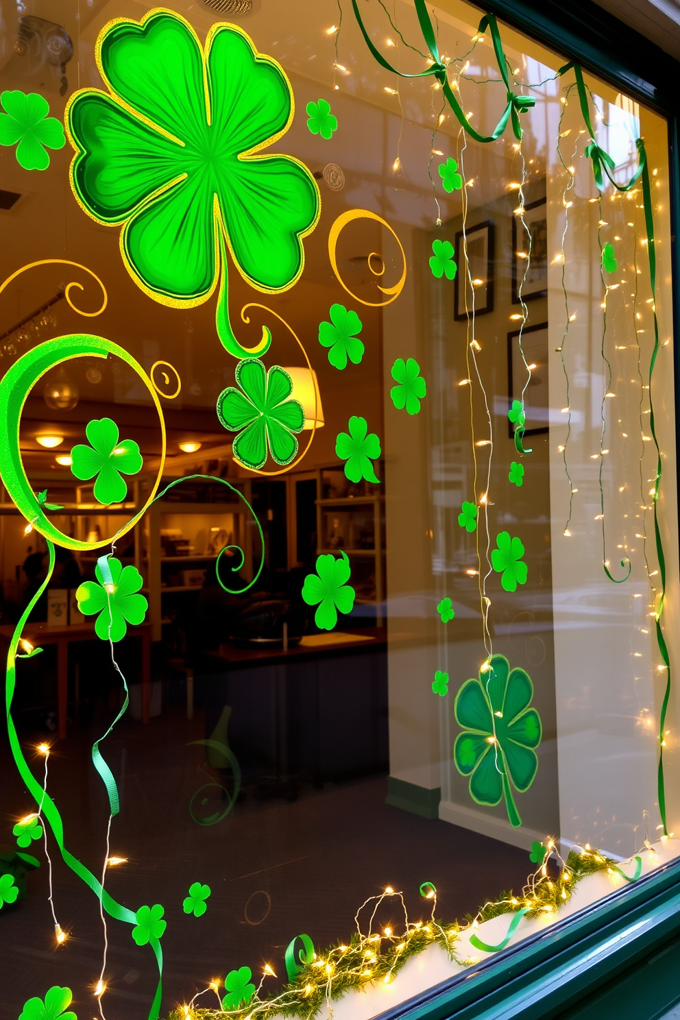 A stunning window display featuring vibrant green and gold paint that captures the essence of St. Patrick's Day. The artwork incorporates shamrock motifs and swirling patterns, creating a festive and inviting atmosphere. The window is adorned with delicate garlands made of green ribbons and twinkling fairy lights. Accents of gold embellishments add a touch of elegance to the overall design, making it a perfect celebration of the holiday.