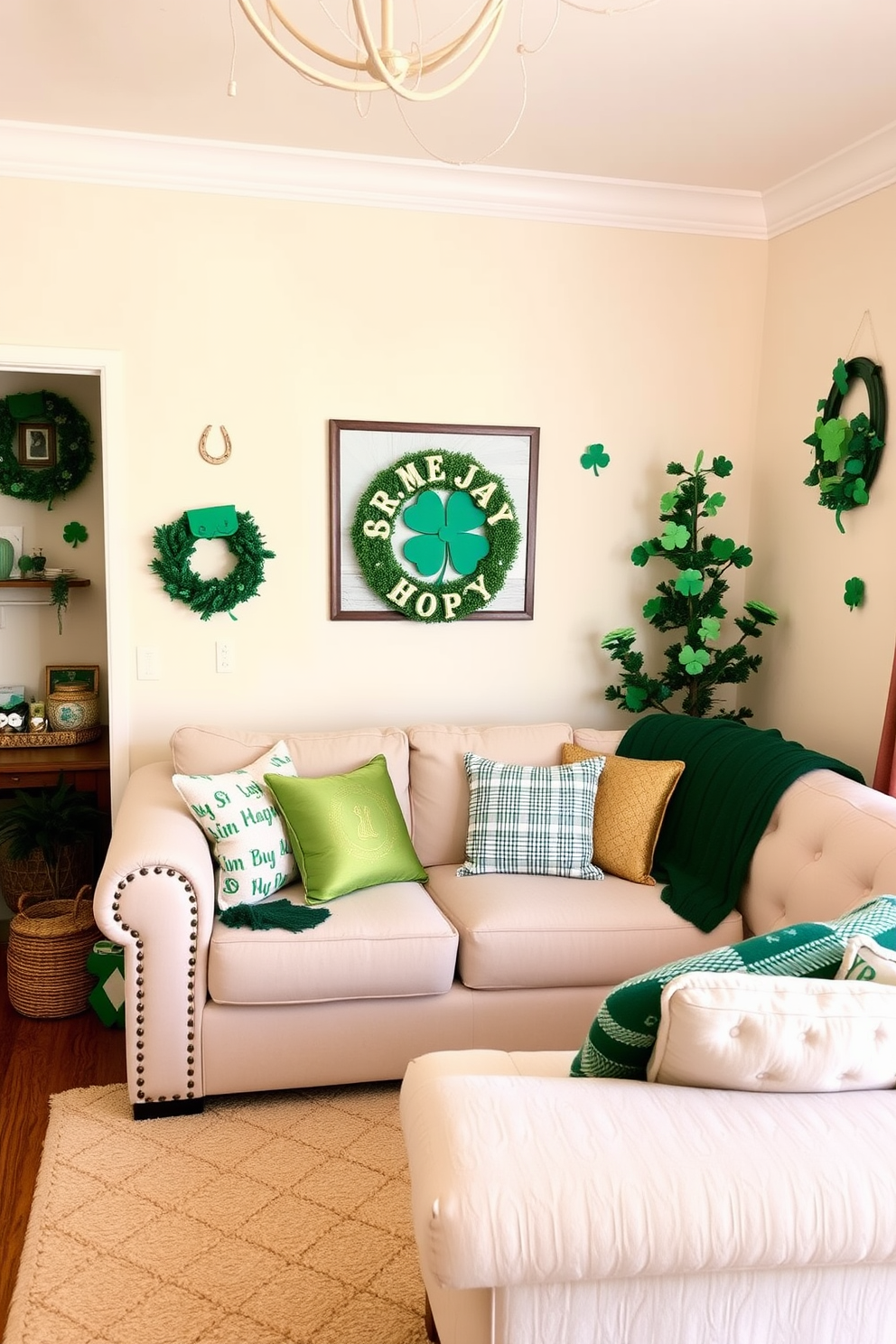 A cozy living room adorned with festive St. Patrick's Day decorations. Lucky horseshoes are hung in the corners, adding a touch of charm to the space. The walls are painted in a soft cream color, creating a warm atmosphere. Green and gold accents are incorporated through cushions and throws on the plush sofa.