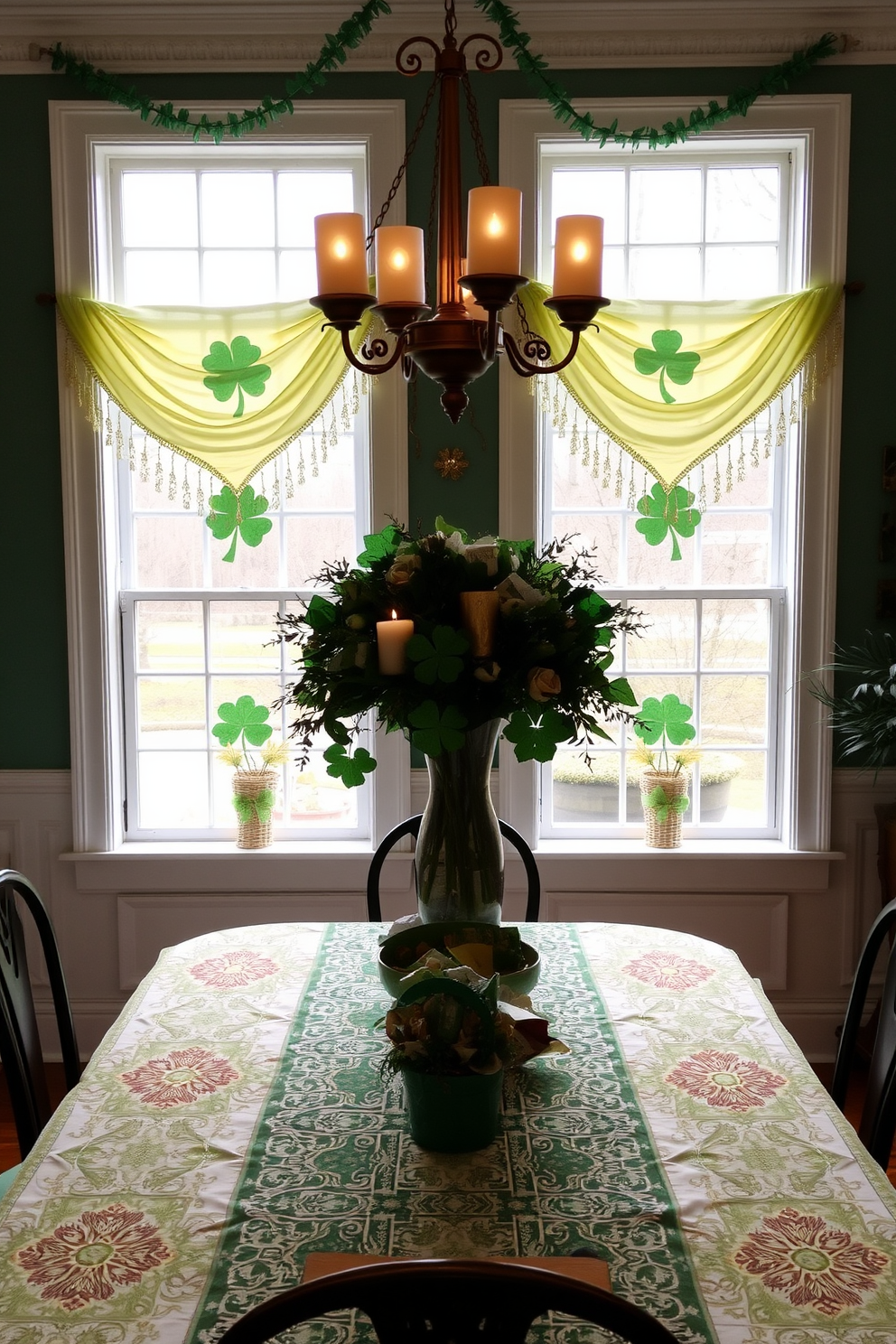 A charming dining room featuring seasonal tablecloths gracefully displayed on the windows. The vibrant greens and golds of St. Patrick's Day adorn the space, creating a festive atmosphere.