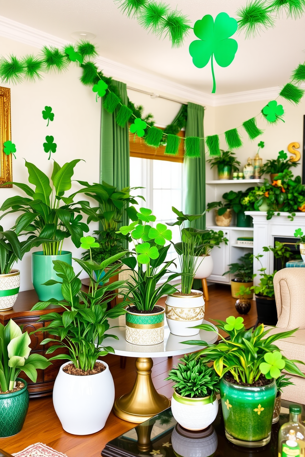 A vibrant living room filled with green plants in decorative pots displayed throughout the space. The pots vary in size and style, adding a lively touch to the room's decor. For St. Patrick's Day, the room features festive decorations that incorporate shades of green and gold. Shamrock-themed accents and garlands create a cheerful and inviting atmosphere.