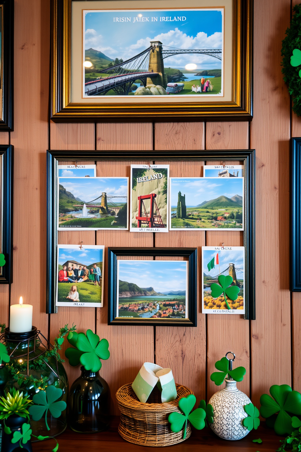 A collection of vintage Irish postcards elegantly framed and displayed on a rustic wooden wall. The postcards feature vibrant scenes of Ireland, adding a touch of nostalgia and charm to the space. Decorative elements inspired by St. Patrick's Day enhance the atmosphere, with green accents and shamrock motifs. Soft lighting highlights the postcards, creating a warm and inviting ambiance.