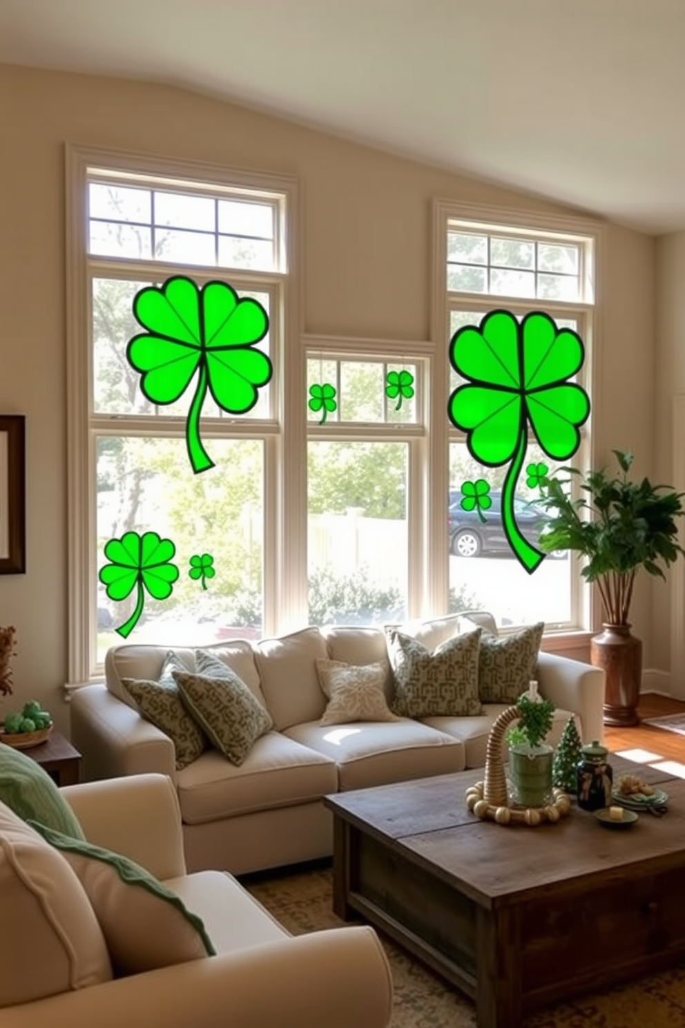 A charming living room adorned with stained glass shamrock window hangings that filter sunlight into vibrant green hues. The decor features soft beige walls, a cozy cream sofa, and a rustic wooden coffee table topped with festive St. Patrick's Day decorations.