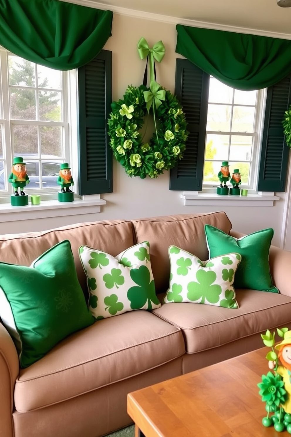 Create a cozy and festive living room setting adorned with charming leprechaun figurines placed on the window sills. The decor features vibrant green accents, shamrock-patterned cushions on a comfortable sofa, and a cheerful St. Patrick's Day wreath hanging on the front door.