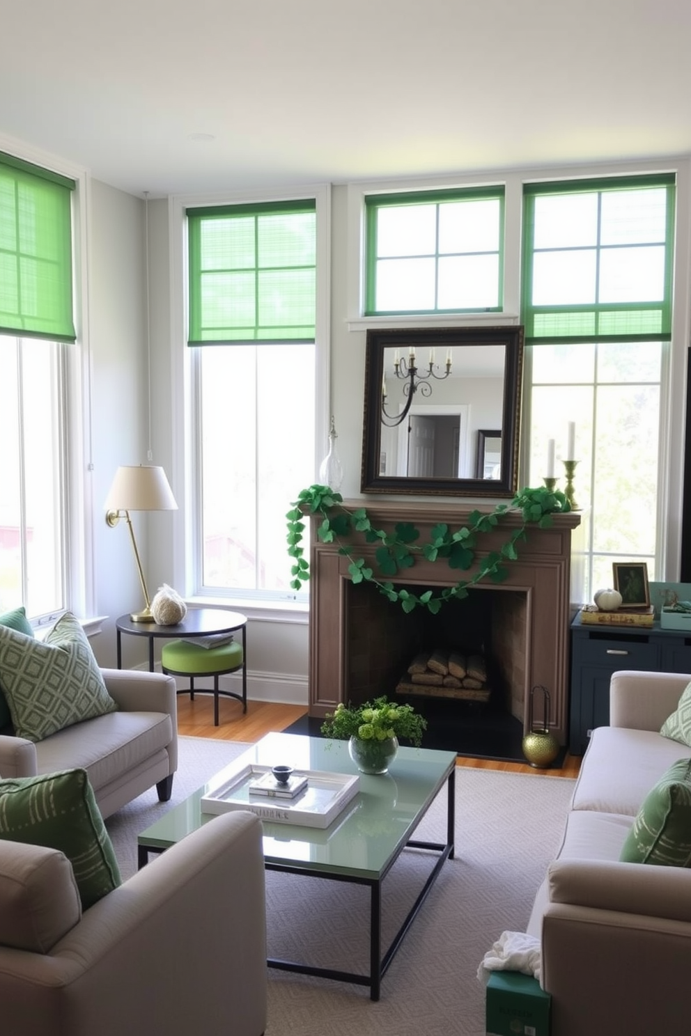 A serene living space featuring green tinted window films that provide privacy while allowing soft natural light to filter through. The room is adorned with subtle St. Patrick's Day decorations, including a tasteful garland of shamrocks draped across the mantelpiece and a few elegant green accents scattered throughout the space.