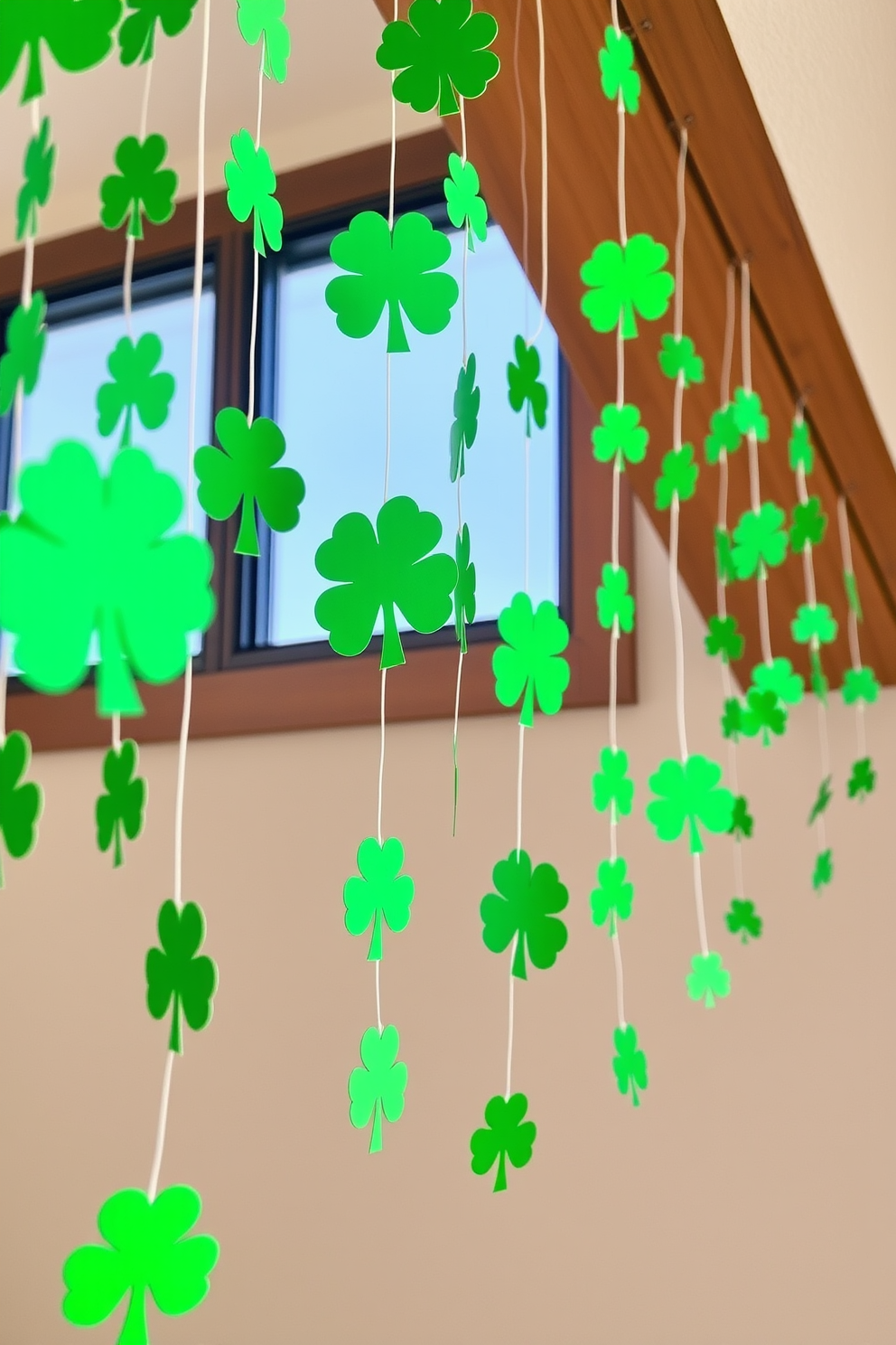 Hanging strings of shamrock cutouts create a festive atmosphere perfect for St. Patrick's Day celebrations. The vibrant green colors of the cutouts add a playful touch to any room, making it an ideal decoration for your home.