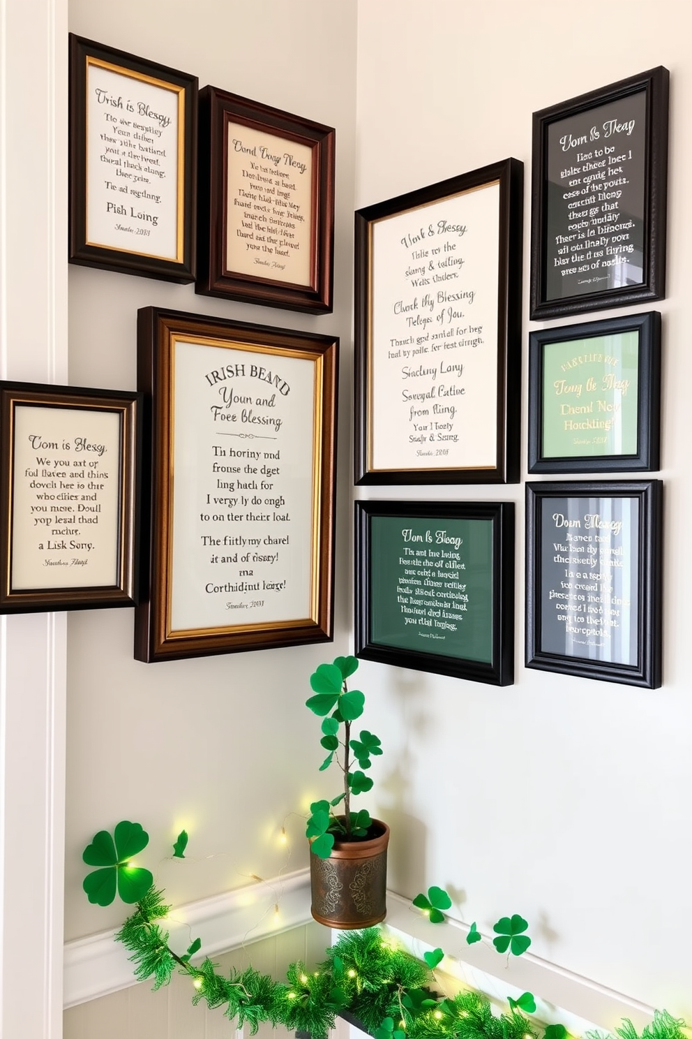 A collection of Irish blessing quotes elegantly framed and displayed on a gallery wall. The frames are a mix of dark wood and gold finishes, creating a warm and inviting atmosphere. In the corner, a festive St. Patrick's Day decoration features a small potted shamrock plant. Adorning the window sill are green and gold themed accents, including a cheerful garland and twinkling fairy lights.