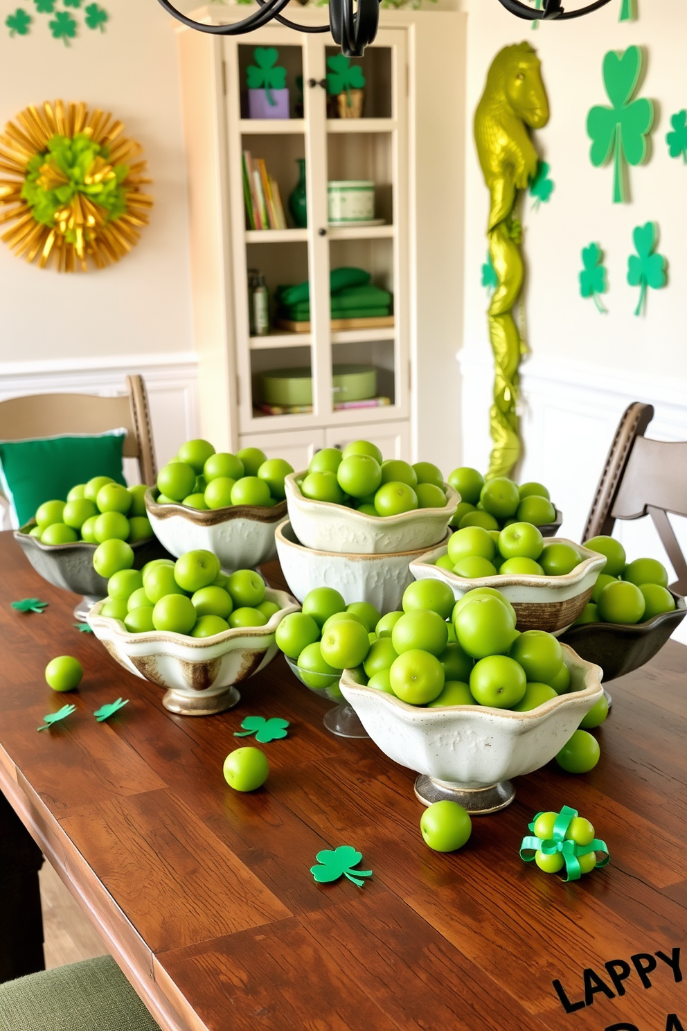 A collection of decorative bowls filled with vibrant green fruit is artfully arranged on a rustic wooden table. The bowls vary in size and texture, creating a visually appealing centerpiece that celebrates freshness and color. For St. Patrick's Day, the room is adorned with cheerful green accents and festive decorations. Shamrock motifs and gold accents complement the green fruit display, enhancing the celebratory atmosphere.