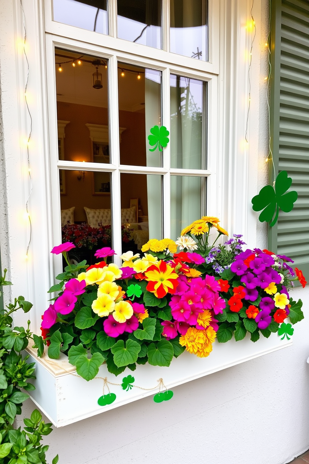 A charming window box brimming with vibrant seasonal flowers including petunias, geraniums, and marigolds. The colorful blooms create a cheerful ambiance and enhance the exterior of the home. For St. Patrick's Day, the window is adorned with festive green decorations such as shamrocks and twinkling fairy lights. A touch of gold accents complements the greenery, adding a playful spirit to the celebration.