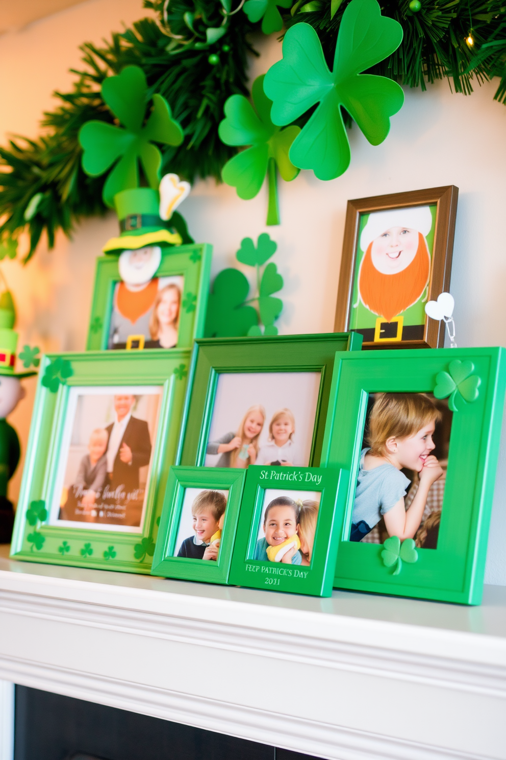 A festive display of St Patrick's Day themed photo frames is arranged on a mantelpiece. The frames feature vibrant green colors and playful designs, showcasing cherished memories from past celebrations. In the background, cheerful decorations such as shamrocks and leprechauns complement the frames. Soft, warm lighting enhances the joyful atmosphere, creating a welcoming environment for guests.