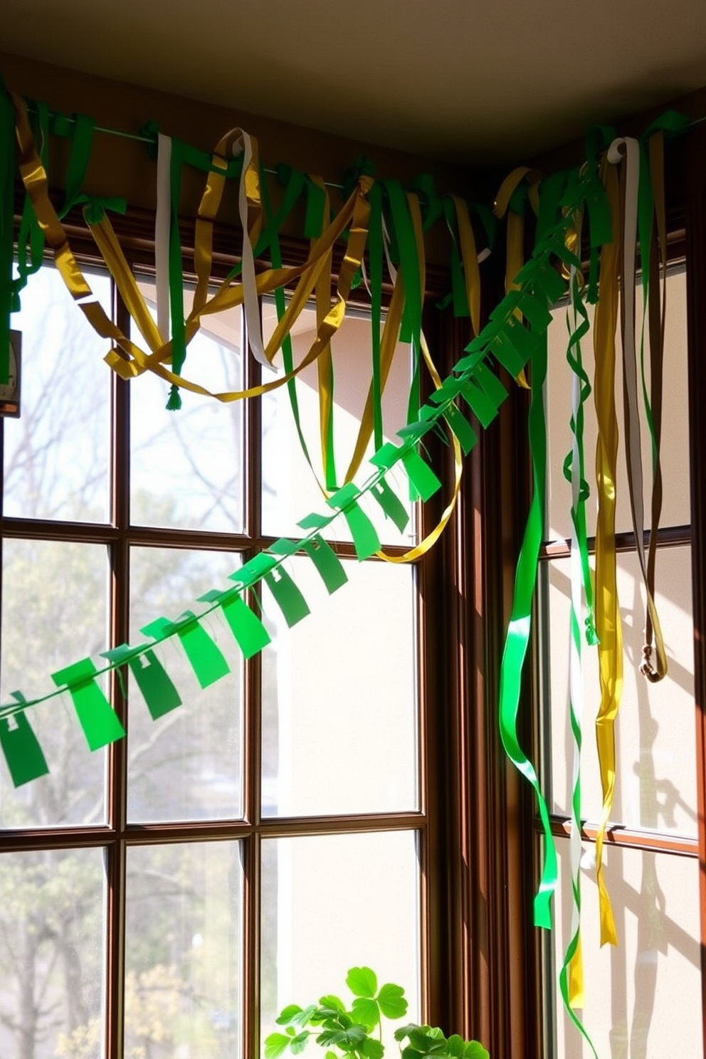 Create a festive St. Patrick's Day atmosphere by hanging colorful streamers around the edges of the windows. Use a mix of green, gold, and white streamers to enhance the celebratory vibe while allowing natural light to filter through.