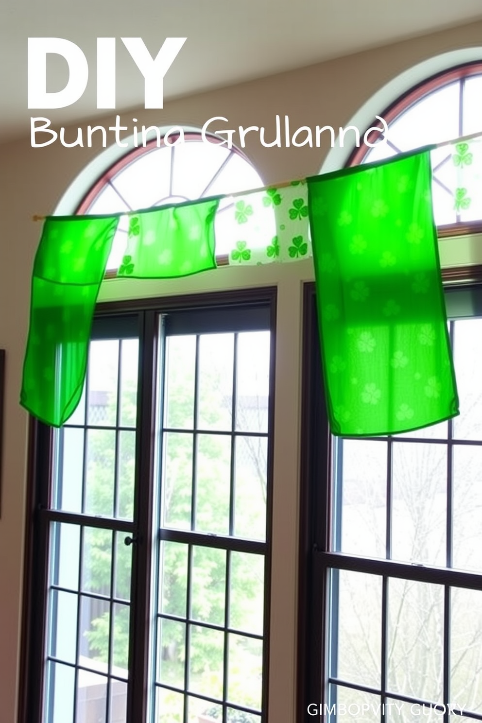 A charming DIY shamrock bunting stretches across the tops of the windows, adding a festive touch to the room. The vibrant green fabric features cheerful shamrock patterns that dance in the light, creating a warm and inviting atmosphere for St. Patrick's Day celebrations.