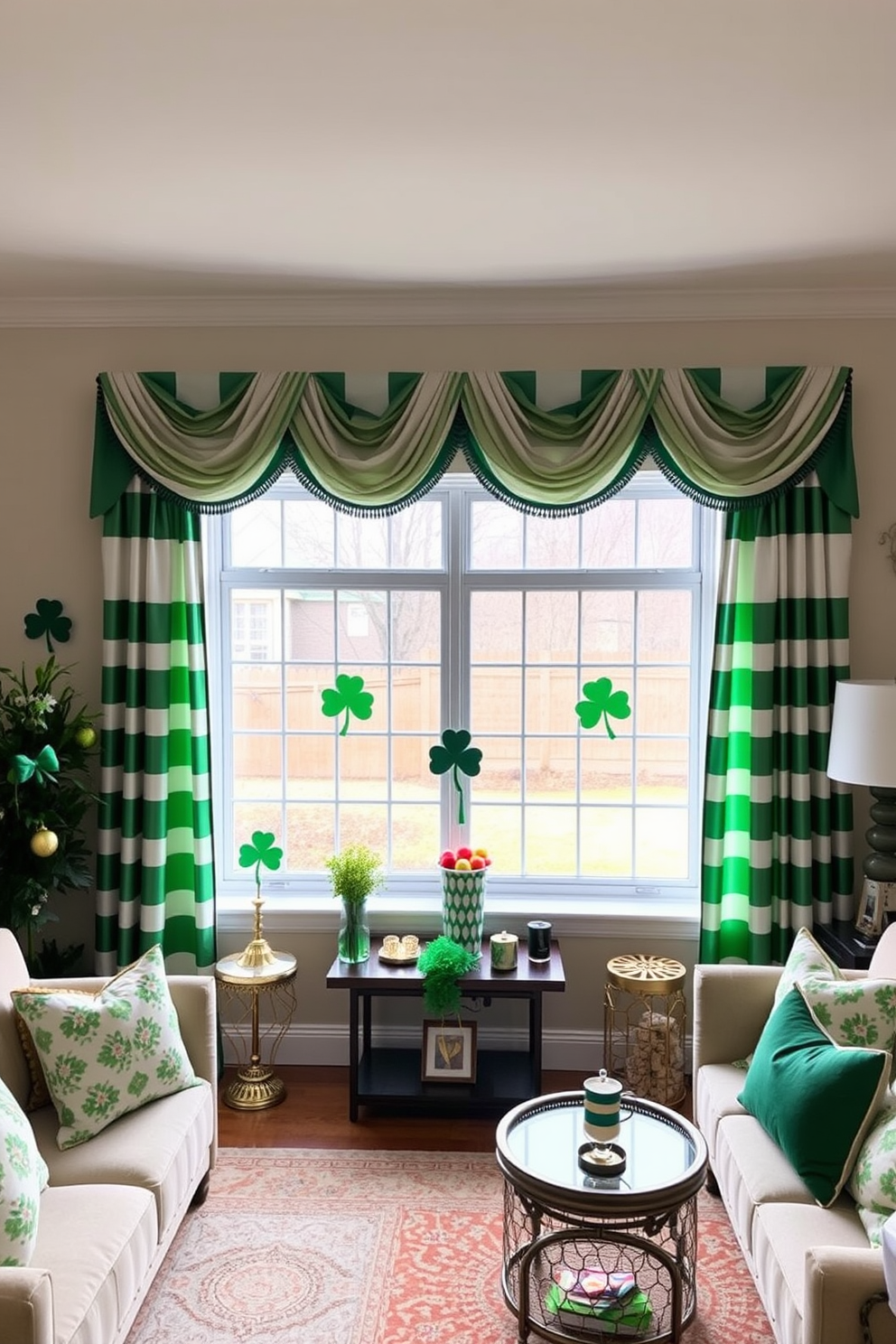 A cozy living room adorned with green and white striped curtains that frame a large window. The room features a festive St. Patrick's Day theme with decorative shamrocks and gold accents throughout.