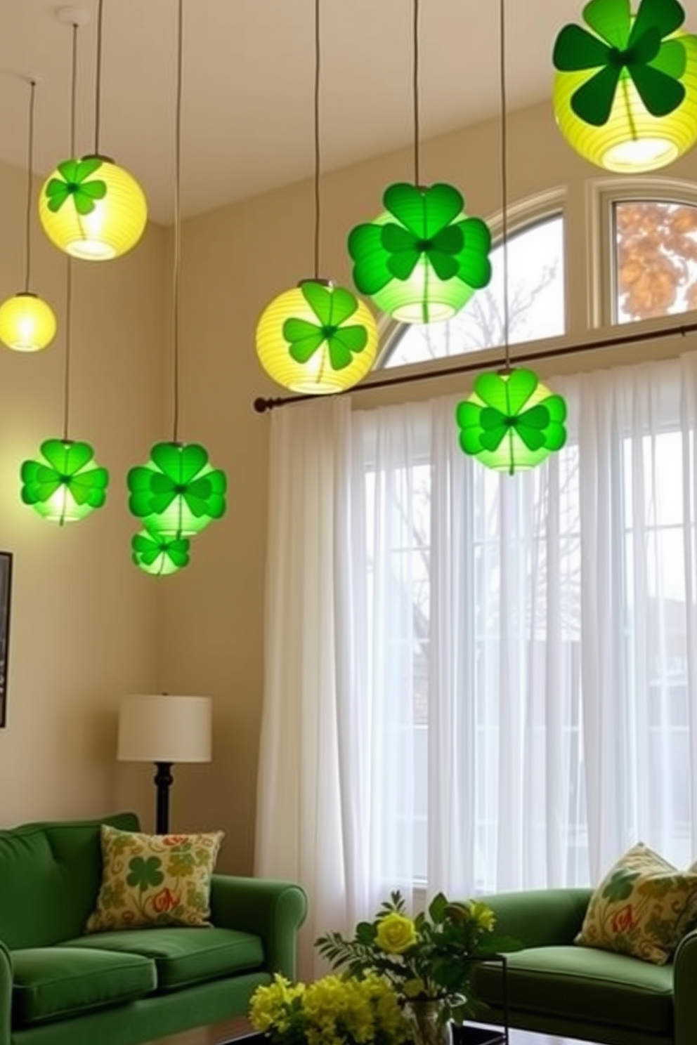 A cozy living room adorned with hanging shamrock paper lanterns that softly illuminate the space. The walls are painted in a light cream color, and a plush green sofa complements the festive decor. A large window is decorated with sheer white curtains, allowing natural light to filter through while showcasing a view of the outdoors. On the coffee table, a centerpiece of fresh green flowers adds a touch of St. Patrick's Day charm to the room.