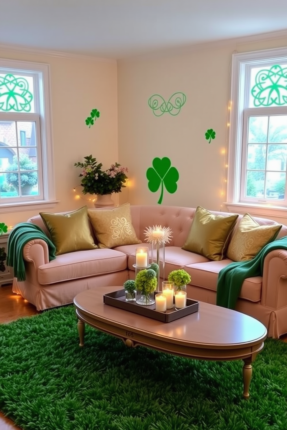 A bright and inviting living room adorned with Celtic knot window decals that enhance the festive atmosphere. The room features a cozy sofa draped with green and gold throw pillows, complemented by a coffee table decorated with shamrock centerpieces and candles. The walls are painted in a soft cream color, creating a warm backdrop for the vibrant decorations. A lush green area rug anchors the space, while twinkling fairy lights add a magical touch to the St. Patrick's Day theme.