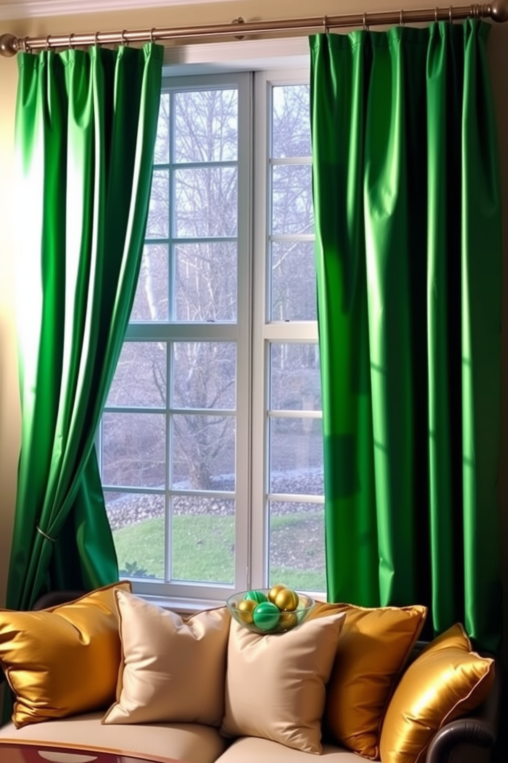 Festive green curtains drape elegantly over a large window, adding a touch of holiday spirit to the room. The vibrant fabric features subtle shamrock patterns that catch the light, creating a cheerful atmosphere for St. Patrick's Day celebrations. Beneath the window, a cozy seating area is adorned with plush cushions in shades of gold and cream. A small table holds a decorative bowl filled with green and gold accents, enhancing the festive decor.