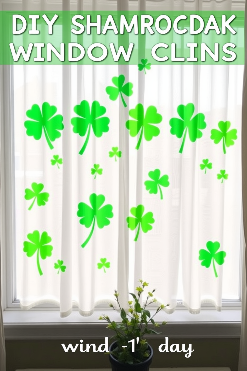 A cheerful display of DIY shamrock window clings adorns a large glass window, bringing a festive touch to the space. The clings feature various shades of green and are arranged in a playful pattern, allowing sunlight to filter through and illuminate the room. The background of the window is a soft white curtain, enhancing the vibrant green of the shamrocks. Below the window, a small potted plant adds a touch of nature, complementing the St. Patrick's Day theme.