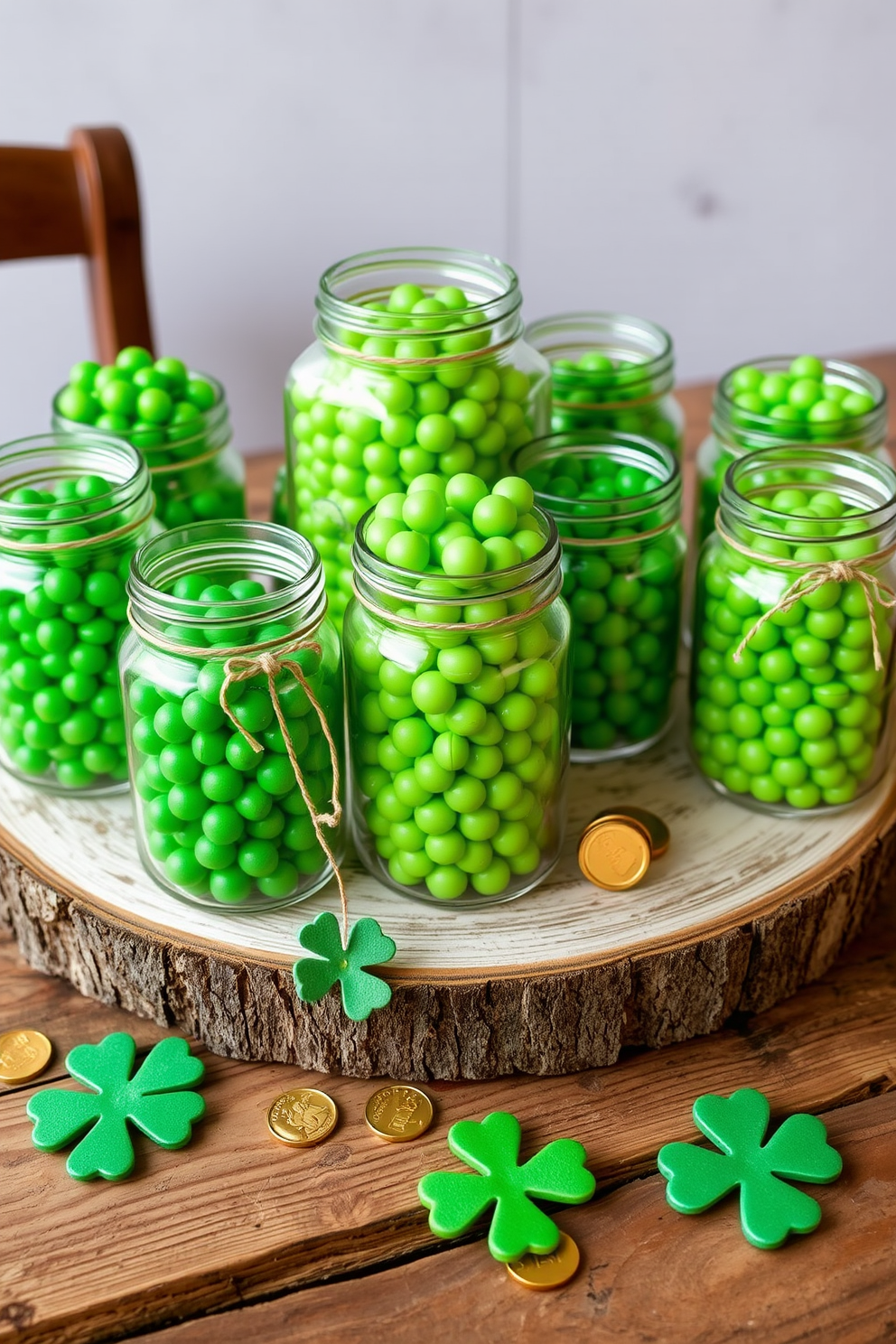 A charming display of glass jars filled with vibrant green candies sits on a rustic wooden table. The jars are arranged in a way that captures the festive spirit of St. Patrick's Day, surrounded by small decorative elements like shamrocks and gold coins.