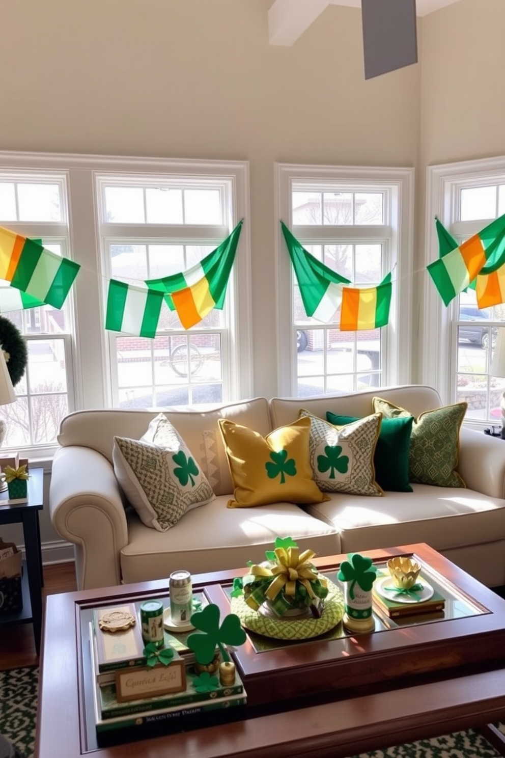 Create a festive living room setting adorned with Irish flag banners draped across the window frames. The room features a cozy sofa with green and gold cushions, and a coffee table decorated with shamrock-themed decorations for St. Patrick's Day.