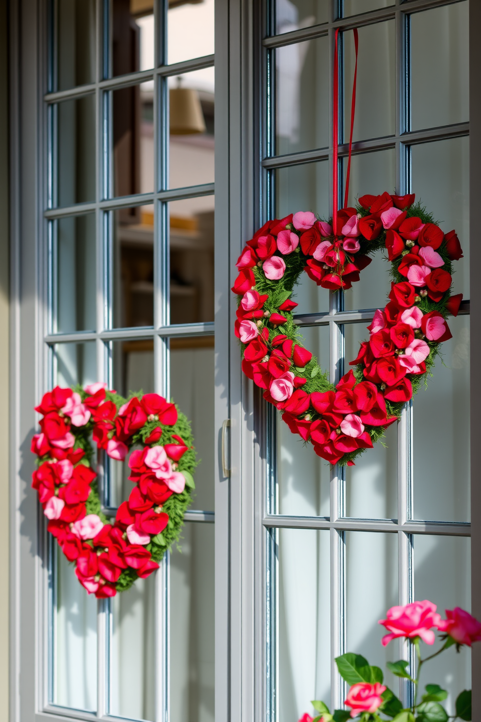 Heart-shaped wreaths adorn the window frames creating a romantic ambiance. The wreaths are made of vibrant red and pink flowers intertwined with delicate greenery. For Valentine's Day, consider using these wreaths to enhance your window decorations. They bring a festive touch and invite warmth into your home.