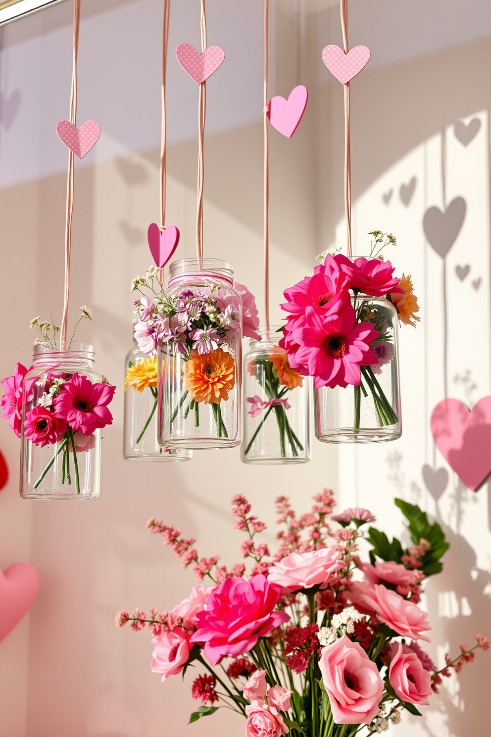 Hanging glass jars filled with colorful flowers dangle gracefully from the ceiling, creating a whimsical atmosphere. The soft natural light filters through the jars, casting delicate shadows on the walls. Adorned with heart-shaped accents and pastel colors, the window display captures the essence of Valentine's Day. Fresh blooms in varying shades of pink and red are arranged artfully, inviting warmth and romance into the space.