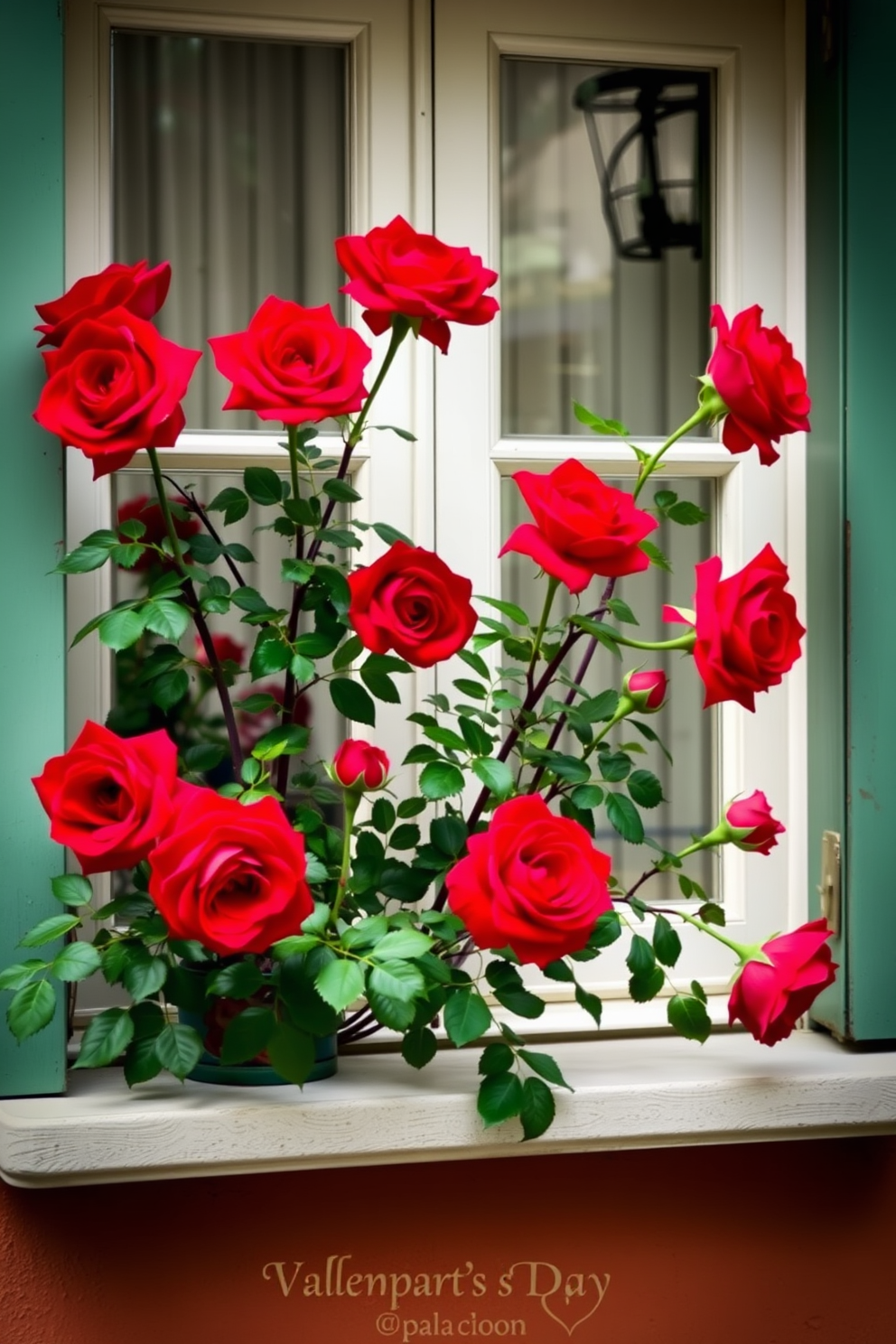 A charming window sill adorned with vibrant red roses in full bloom. The scene captures the essence of romance, perfect for Valentine's Day decorating ideas.