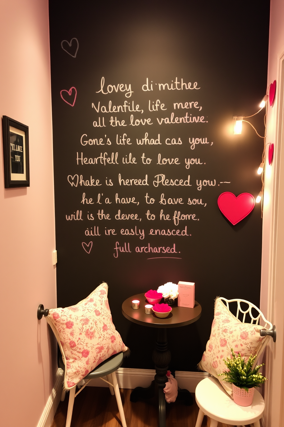 A cozy corner adorned with chalkboard paint allows for heartfelt love messages to be written and easily erased. The space is decorated with soft, romantic lighting and charming Valentine's Day accents, creating an inviting atmosphere.